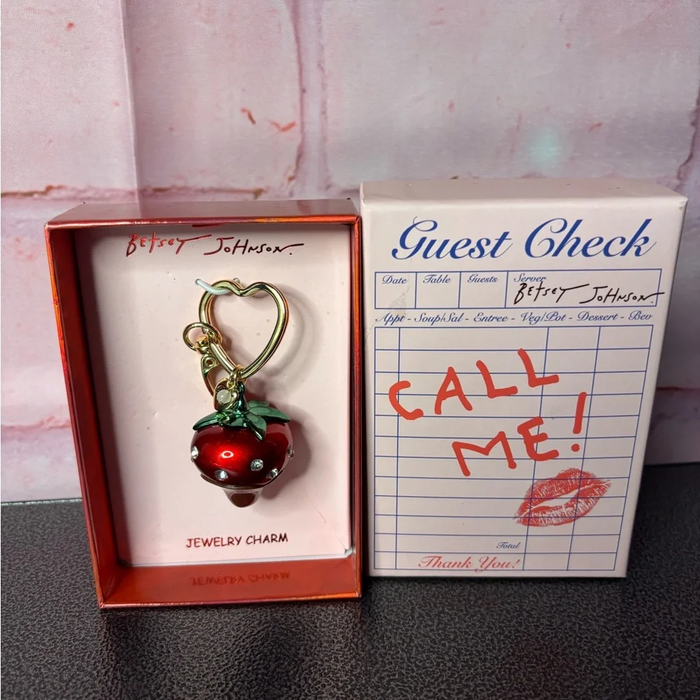 Betsey Johnson Red Strawberry Charm Keychain with Green Leaves - Picture 1 of 1